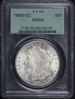 Obverse of this 1880-CC Morgan Dollar PCGS MS-64 Old Green Holder 