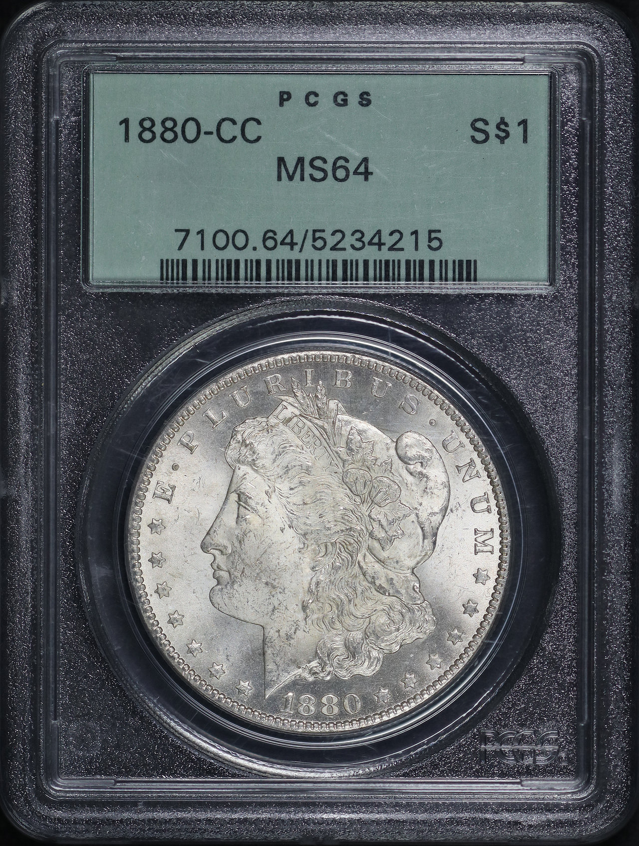 Obverse of this 1880-CC Morgan Dollar PCGS MS-64 Old Green Holder