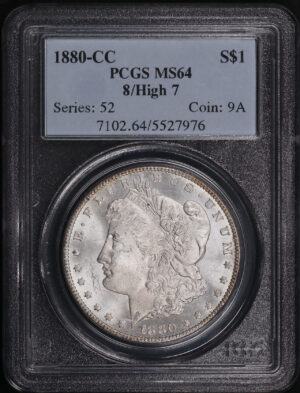 Obverse of this 1880-CC Morgan Dollar 8/High 7 PCGS MS-64