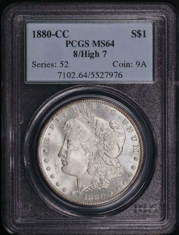 Obverse of this 1880-CC Morgan Dollar 8/High 7 PCGS MS-64