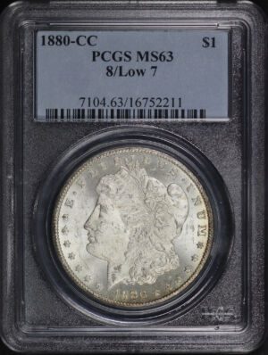 Obverse of this 1880-CC Morgan Dollar 8/Low 7 PCGS MS-63