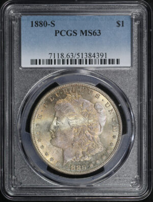 Obverse of this 1880-S Morgan Dollar PCGS MS-63 – Amber Obverse Tab Toning