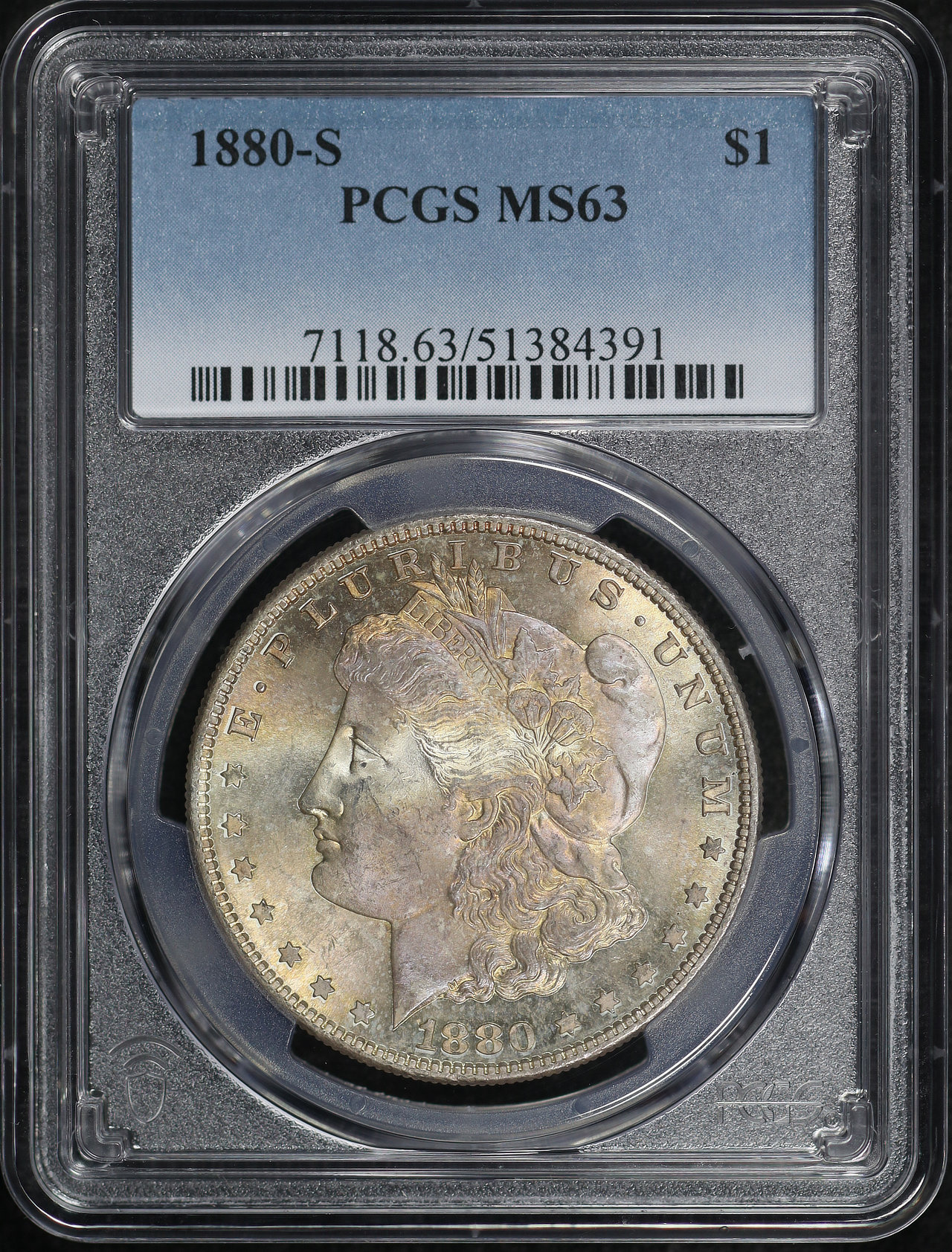 Obverse of this 1880-S Morgan Dollar PCGS MS-63 – Amber Obverse Tab Toning