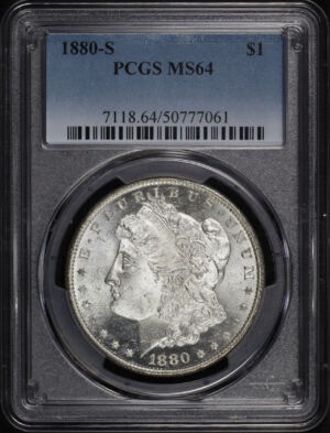 Obverse of this 1880-S Morgan Dollar PCGS MS-64 – Smoky Blue & Sunset Hue Reverse PL Toning