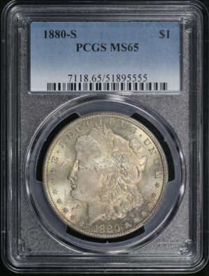 Obverse of this 1880-S Morgan Dollar PCGS MS-65 – Amber Hue Obverse Toning