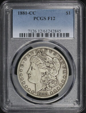 Obverse of this 1881-CC Morgan Dollar PCGS F-12