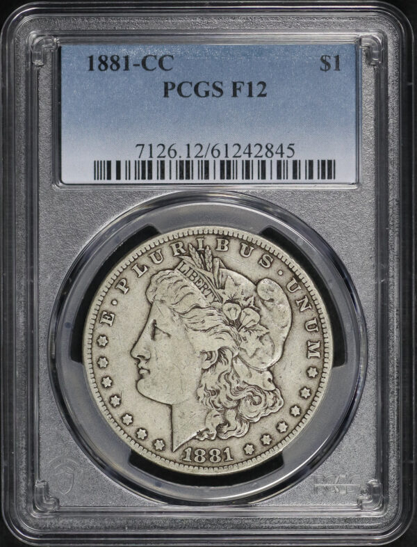 Obverse of this 1881-CC Morgan Dollar PCGS F-12