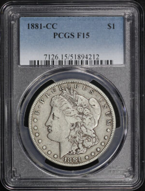 Obverse of this 1881-CC Morgan Dollar PCGS F-15