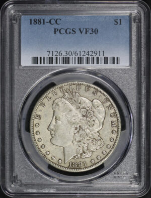 Obverse of this 1881-CC Morgan Dollar PCGS VF-30