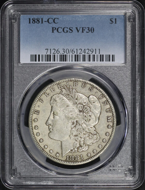 Obverse of this 1881-CC Morgan Dollar PCGS VF-30
