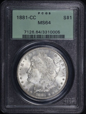 Obverse of this 1881-CC Morgan Dollar PCGS MS-64 Old Green Holder