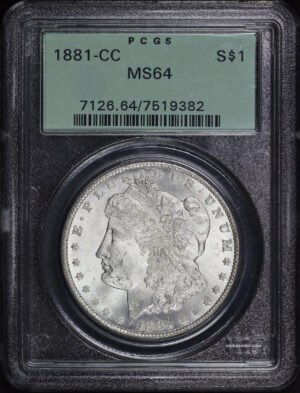 Obverse of this 1881-CC Morgan Dollar PCGS MS-64 Old Green Holder