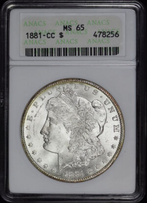 Obverse of this 1881-CC Morgan Dollar ANACS MS-65