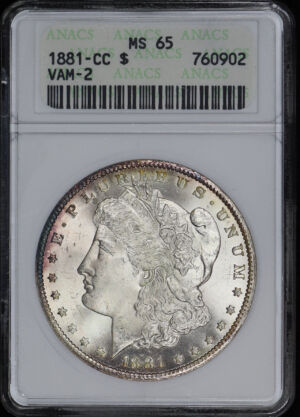 Obverse of this 1881-CC Morgan Dollar VAM-2 ANACS MS-65