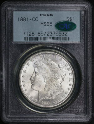 Obverse of this 1881-CC Morgan Dollar PCGS MS-65 CAC Old Green Holder