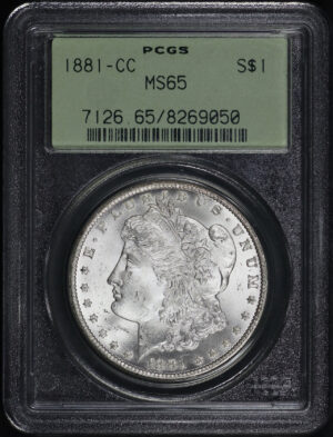 Obverse of this 1881-CC Morgan Dollar PCGS MS-65 Old Green Holder
