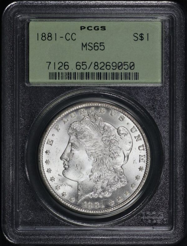 Obverse of this 1881-CC Morgan Dollar PCGS MS-65 Old Green Holder