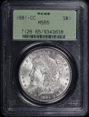 Obverse of this 1881-CC Morgan Dollar PCGS MS-65 Old Green Holder