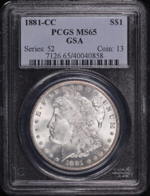 Obverse of this 1881-CC Morgan Dollar PCGS MS-65 GSA Label