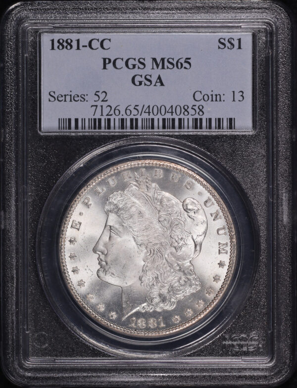 Obverse of this 1881-CC Morgan Dollar PCGS MS-65 GSA Label