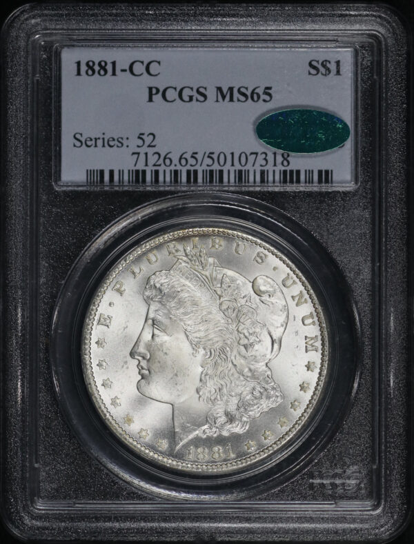 Obverse of this 1881-CC Morgan Dollar PCGS MS-65 CAC