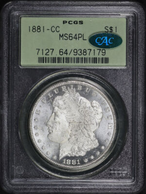 Obverse of this 1881-CC Morgan Dollar PCGS MS-64 PL CAC Old Green Holder