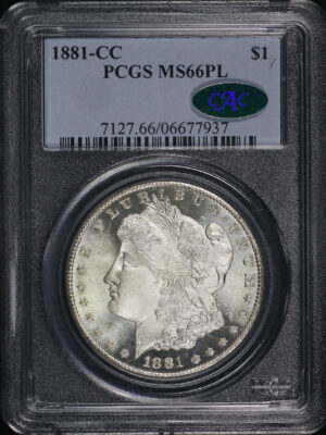 Obverse of this 1881-CC Morgan Dollar PCGS MS-66 PL CAC