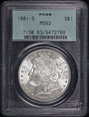 Obverse of this 1881-S Morgan Dollar PCGS MS-63 Old Green Holder, Smoky Blue & Sunset Hue Reverse Toning