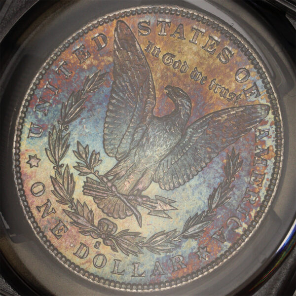 Gallery image of this 1881-S Morgan Dollar PCGS MS-63 Vibrant Blue & Fiery Sunset Hue Reverse Toning