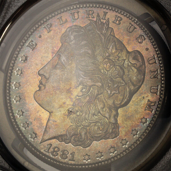 Gallery image of this 1881-S Morgan Dollar PCGS MS-64 Smoky Crimson Hue Toning