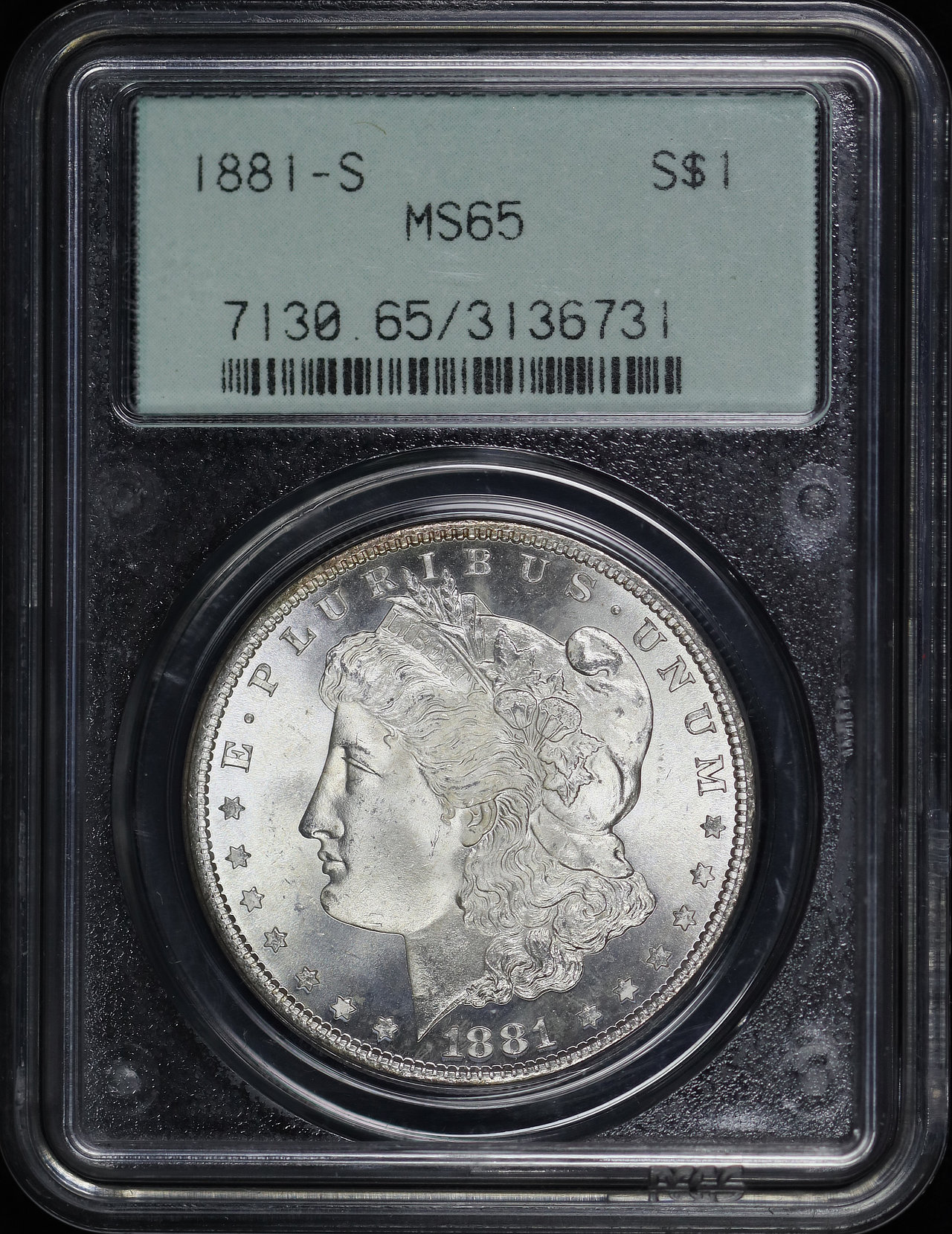Obverse of this 1881-S Morgan Dollar PCGS MS-65 Old Green Gasket Holder