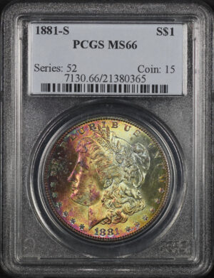 Obverse of this 1881-S Morgan Dollar PCGS MS-66 Rainbow Toning
