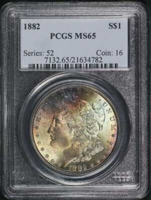 Obverse of this 1882 Morgan Dollar PCGS MS-65 Smoky Blue & Sunset Hue Obverse Toning