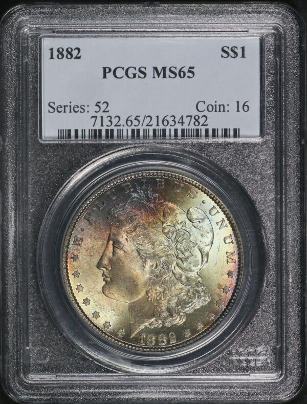 Obverse of this 1882 Morgan Dollar PCGS MS-65 Smoky Blue & Sunset Hue Obverse Toning