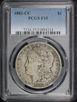 Obverse of this 1882-CC Morgan Dollar PCGS F-15