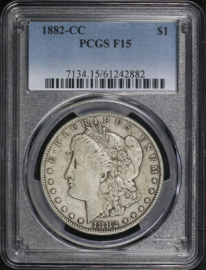 Obverse of this 1882-CC Morgan Dollar PCGS F-15