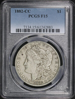 Obverse of this 1882-CC Morgan Dollar PCGS F-15