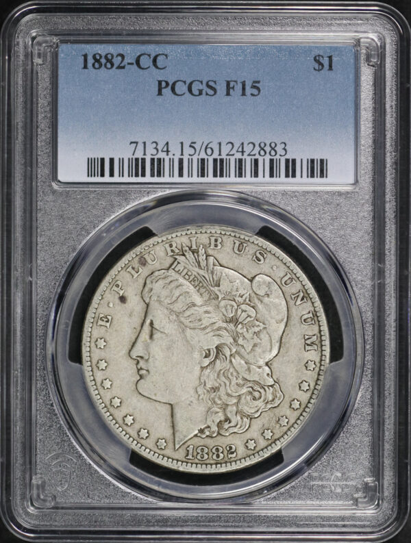 Obverse of this 1882-CC Morgan Dollar PCGS F-15