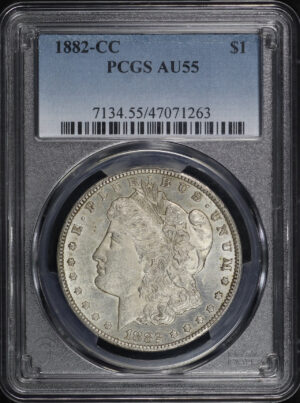 Obverse of this 1882-CC Morgan Dollar PCGS AU-55