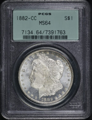 Obverse of this 1882-CC Morgan Dollar PCGS MS-64 Old Green Holder