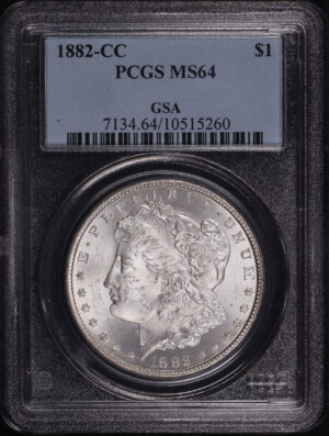 Obverse of this 1882-CC Morgan Dollar PCGS MS-64 GSA Label