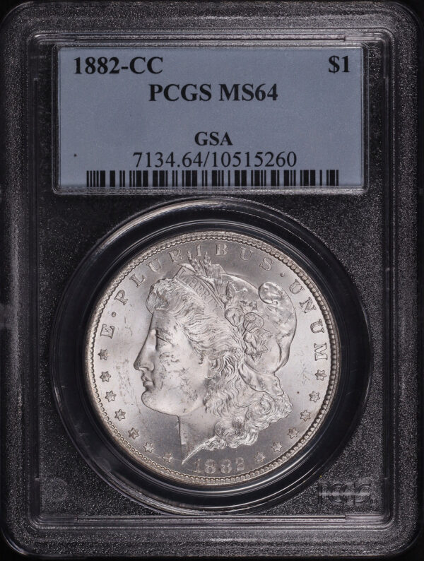Obverse of this 1882-CC Morgan Dollar PCGS MS-64 GSA Label