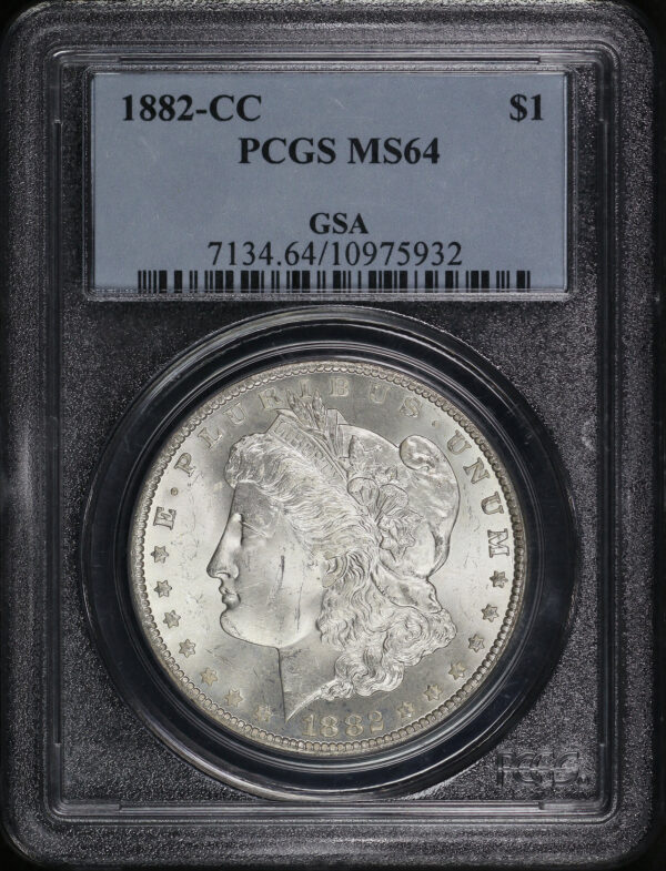 Obverse of this 1882-CC Morgan Dollar PCGS MS-64 GSA Label