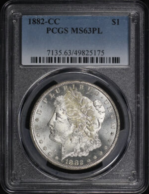 Obverse of this 1882-CC Morgan Dollar PCGS MS-63 PL