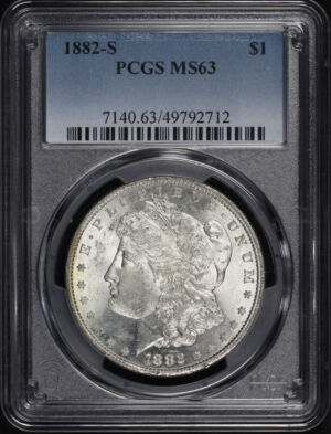 Obverse of this 1882-S Morgan Dollar PCGS MS-63 – Banded Rainbow Reverse Rim Toning