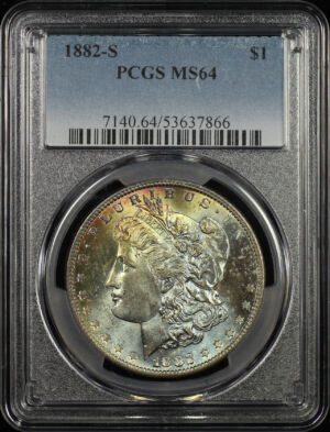 Obverse of this 1882-S Morgan Dollar PCGS MS-64 Rainbow Toning