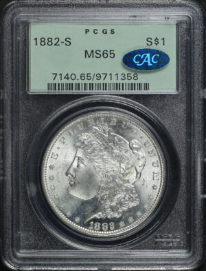 Obverse of this 1882-S Morgan Dollar PCGS MS-65 CAC Old Green Holder