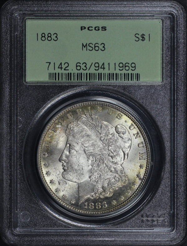 Obverse of this 1883 Morgan Dollar PCGS MS-63 Old Green Holder Rainbow Reverse Toning