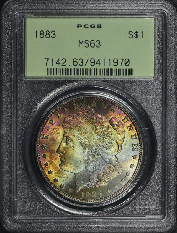 Obverse of this 1883 Morgan Dollar PCGS MS-63 Old Green Holder Rainbow Obverse Toning
