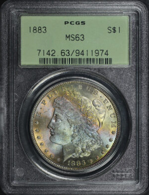 Obverse of this 1883 Morgan Dollar PCGS MS-63 Old Green Holder Rainbow Obverse Toning